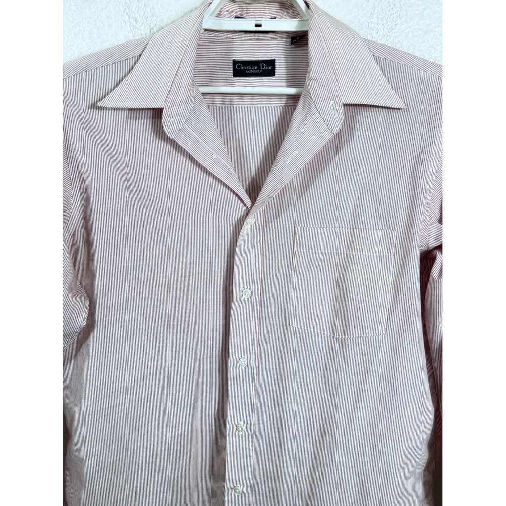 Christian Dior Button Down Shirt Mens 16 32-33 Maroon White Striped Long Sleeve